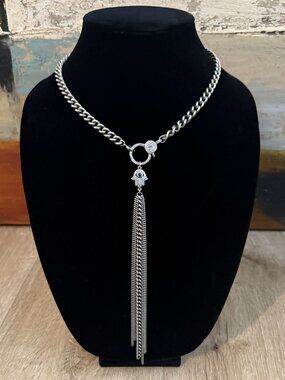 Sterling Silver Necklace with Diamond and Sapphire Hamsa Pendant by Sheryl Lowe